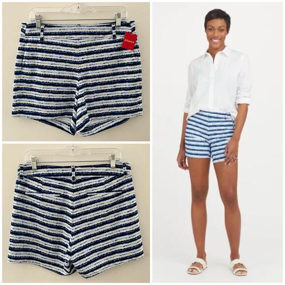 Spanx Sunshine 6" Shorts UPF 50+ Blue Painted Stripe Summer Beach Large NWT - Picture 1 of 14
